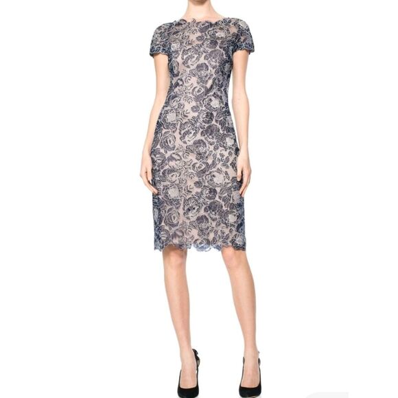 Tadashi Shoji Dresses & Skirts - Tadashi Shoji Navy Cream Floral Lace Dress Size 6P Romantic Feminine Trendy